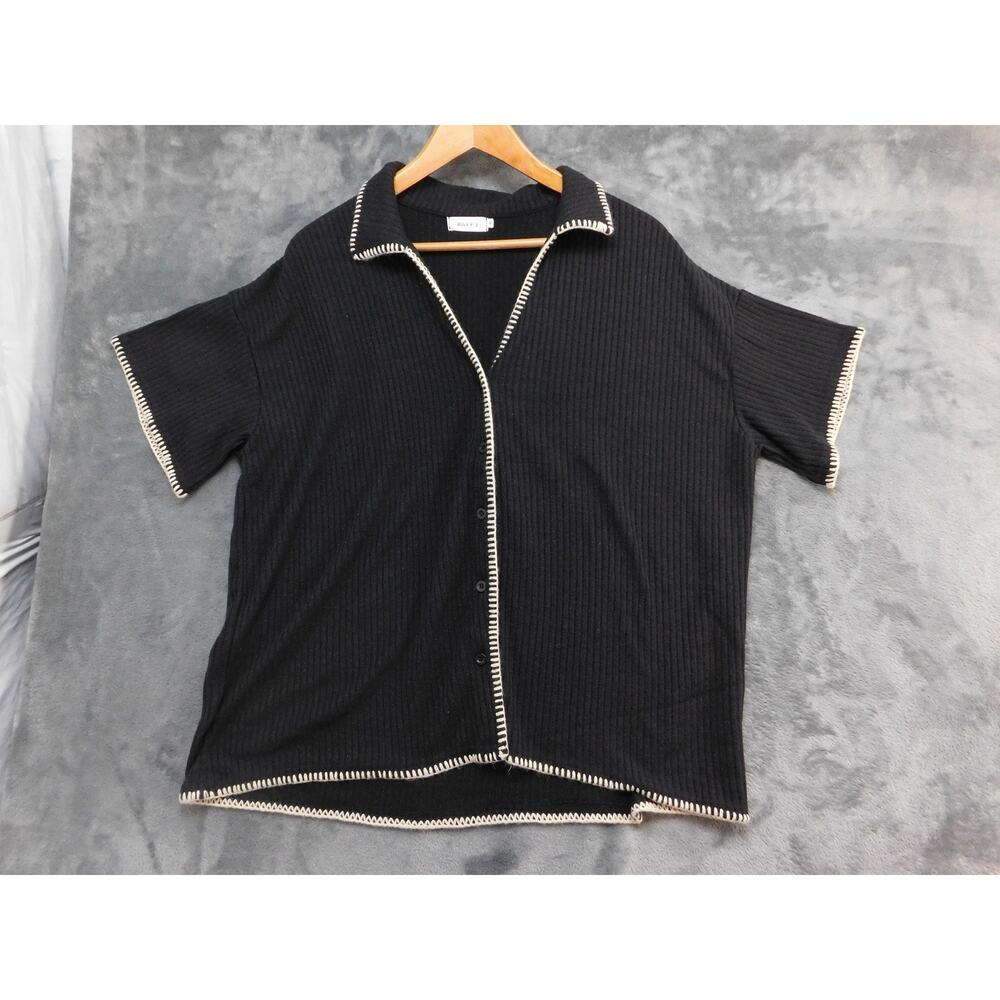 Billy J Shirt Womens Medium Black Ribbed Collared Button Front Contrast Trim Top